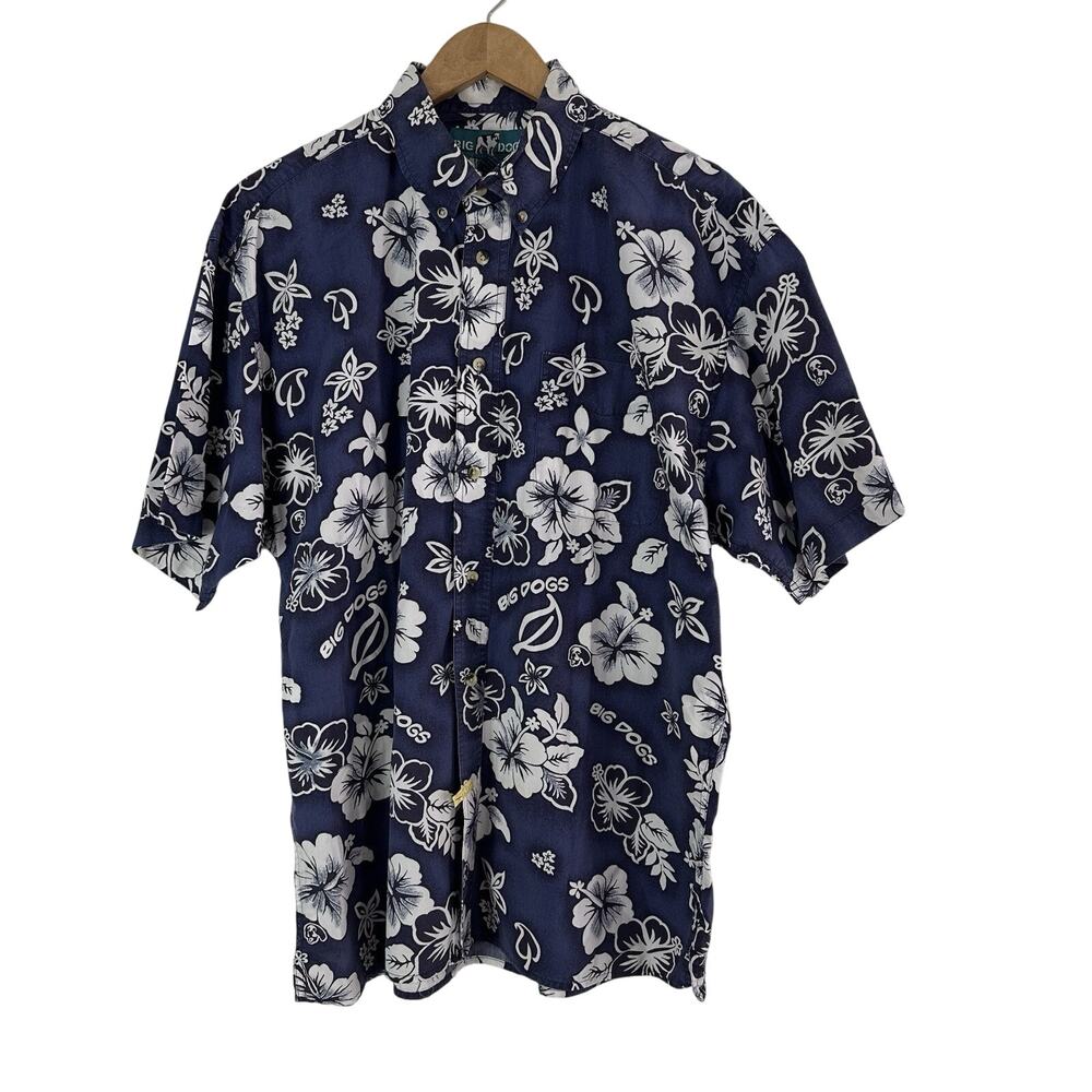 Vintage Big Dogs Hawaiian Shirt Large Blue Floral Short Sleeve Button Up Pocket
